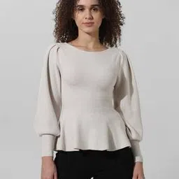 Ribbed Peplum Pullover with Bishop Sleeves-image-56
