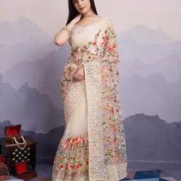 Women Embroidered Net Saree-image-3