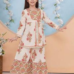 Girls Floral Print Angrakha Kurta & Sharara Set-image-65