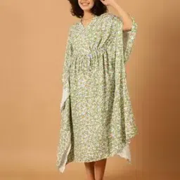 Women Floral Print V-Neck Kaftan with Tie-Up-image-1