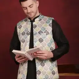 Men Printed Slim Fit Nehru Jacket with Welt Pockets-19