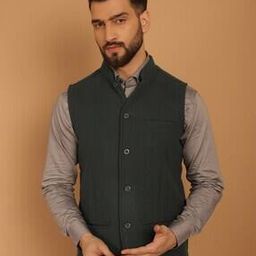 Men Tailored Fit Textured Nehru Jacket-image-5