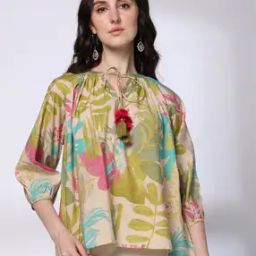 Women Tropical Print Relaxed Fit Top with Tie-Up Neck-image-29