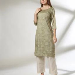 Women Geometric Print Boat-Neck Straight Kurta-image-42