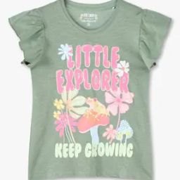 Girls Graphic Print Slim Fit Round-Neck T-Shirt with Flutter Sleeves-7
