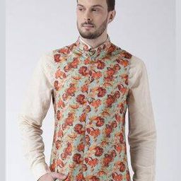Printed Nehru Jacket with Pocket Square-1