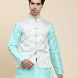 Men Floral Pattern Nehru Jacket with Welt Pockets-17