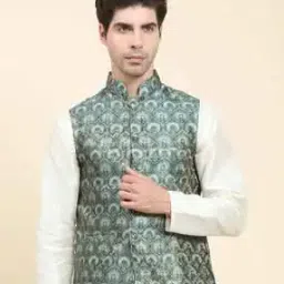 Men Floral Pattern Nehru Jacket with Welt Pockets-image-81
