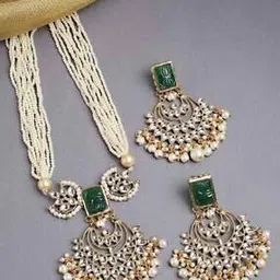 Gold-Plated Kundan-Studded Necklace & Earrings Set-image-69