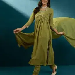 Women Embroidered Flared Kurta Suit Set-image-58