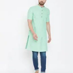 Textured Long Kurta with Band Collar-image-97