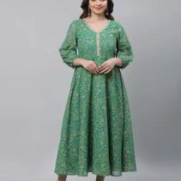 Women Floral Print V-Neck Flared Kurta-image-2