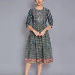 Geometric Print A-line Dress with Waist Tie-Up-18