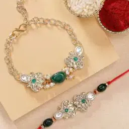 Set of 2 Stone-Studded Pearl-Beaded Tie-Up Rakhis with Roli Rice-5
