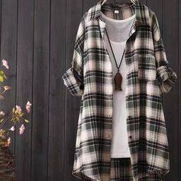 Women Checked Oversized Shirt with Patch Pocket-image-2