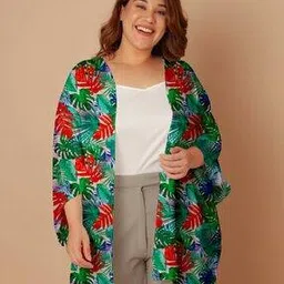 Women Leaf Print Front-Open Shrug-image-32