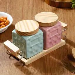 Set of 2 Storage Jars with Wooden Lid & Tray-1