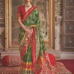 Ikat Print Saree with Contrast Zari Border-image-25