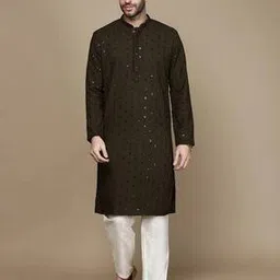 Men Regular Fit Embroidered Long Kurta with Mandarin Collar-picture-25