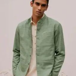 Regular Fit Front-Open Nehru Jacket with Welt Pockets-5