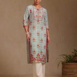 Women Muslin Botanical Print Kurta With Sequins-image-17
