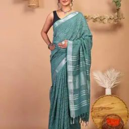 Hand Block Print Bhagalpuri Cotton Linen Zari Border Saree with Blouse-image-66