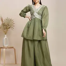 madhuram textiles Women Embroidered Flared Kurta & Palazzos Set-picture-26