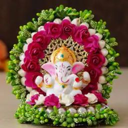 Lord Ganesha Idol on Decorative Handcrafted Green Floral Plate for Home & Car-18