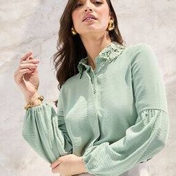Concealed Button-Down Shirt with Lace Collar-image-51
