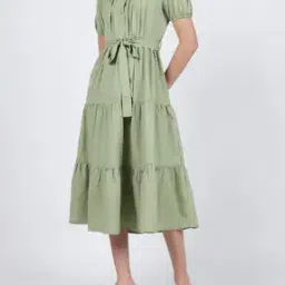 Shein Elegant Puff Sleeve Front Pleated Tiered Midi Dress-image-59