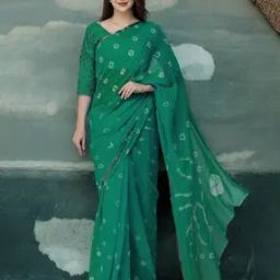 Women Printed Bandhani Rama Saree-image-4