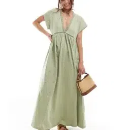 Women V-Neck Short Sleeve Broderie Midi Dress-image-43