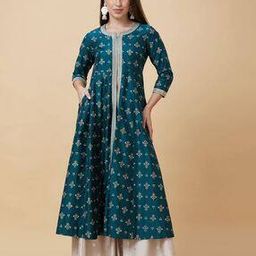 Printed A-Line Kurta with Bracelet Sleeves-image-6