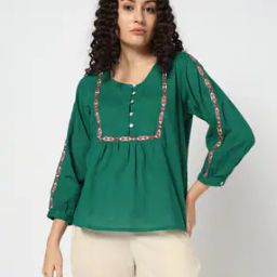 Women Relaxed Fit Cotton Top with Embroidered Detail-picture-36