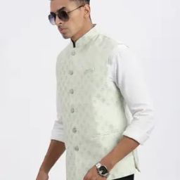 Men Leaf Woven Slim Fit Nehru Jacket-picture-21