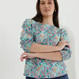 Shein Medium Length Bishop Sleeves Light Green Floral Print Top-image-3
