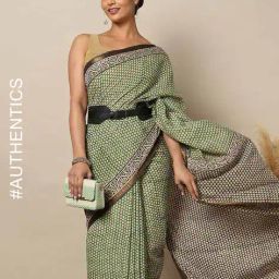 indie picks Handblock Bagru Dabu Print Saree with Zari Border image 1