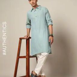 Striped South Cotton Dobby Pathani Kurta with Roll-Up Sleeves & Side Pocket-image-93