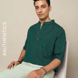indie picks Checked South Cotton Short Kurta with Roll-Up Sleeves & Patch Pocket image 1