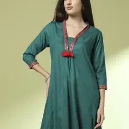 Women V-Neck A-Line Kurta with Embroidery-image-81