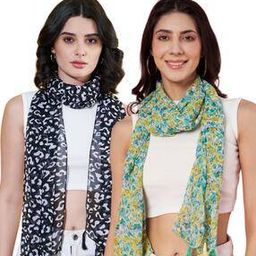 Women Pack of 2 Printed Chiffon Scarves With Tasselled-32