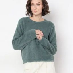 Women Fuzzy Regular Fit Round-Neck Pullover-image-25