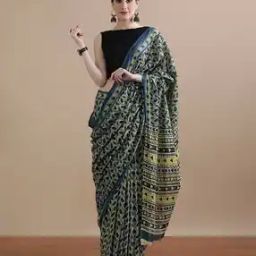 Women Leaf Print Pure Cotton Mulmul Saree-image-3