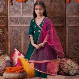 Girls Embellished A-Line Kurta with Pants & Dupatta-image-32