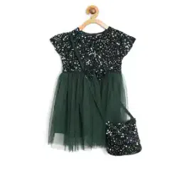 Embellished Fit & Flare Dress with Sling Bag-image-3
