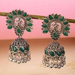 13587er Silver-Plated Oxidised Jhumka Earrings-13