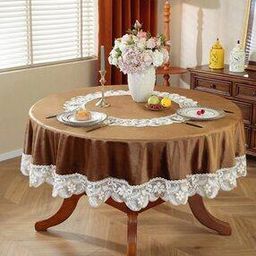 Embroidered Lace Border 6 Seater Round Table Cover 72"-image-26