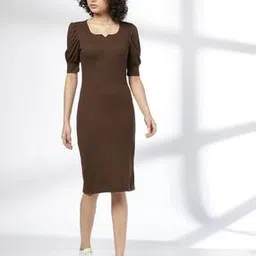 rio Women Ribbed Bodycon Dress with Puff Sleeves-picture-1