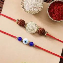 Set of 2 Evil-Eye Rudhraksha-Beaded Tie-Up Rakhis with Roli Rice-image-83