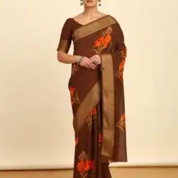 Women Floral Print Linen Saree-image-2